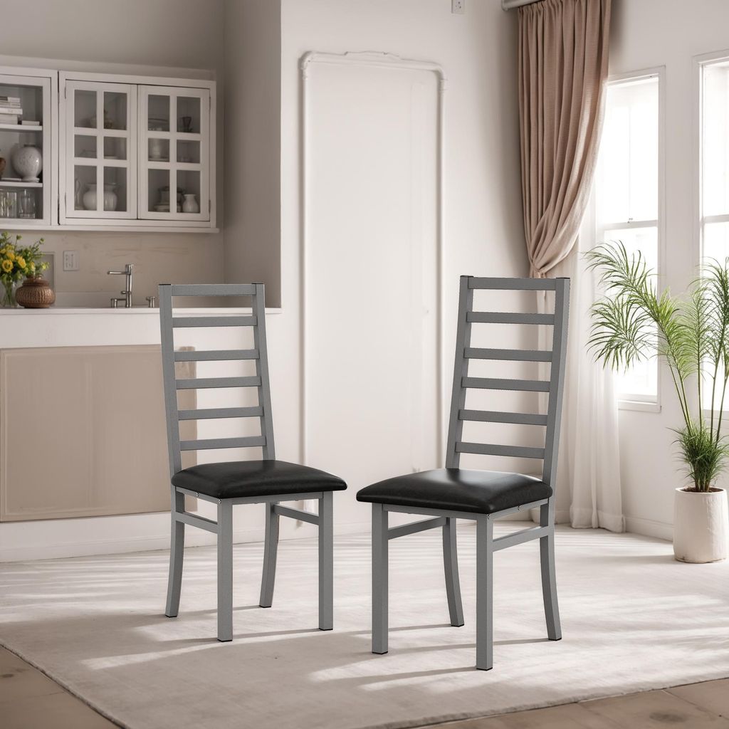 Sweiko Metall-Esszimmerstühle 2er-Set, Stahlbeine und Kunstledersitze, hohe Rückenlehne, armlose Esszimmerstühle, für Küche, Wohnzimmer, grau