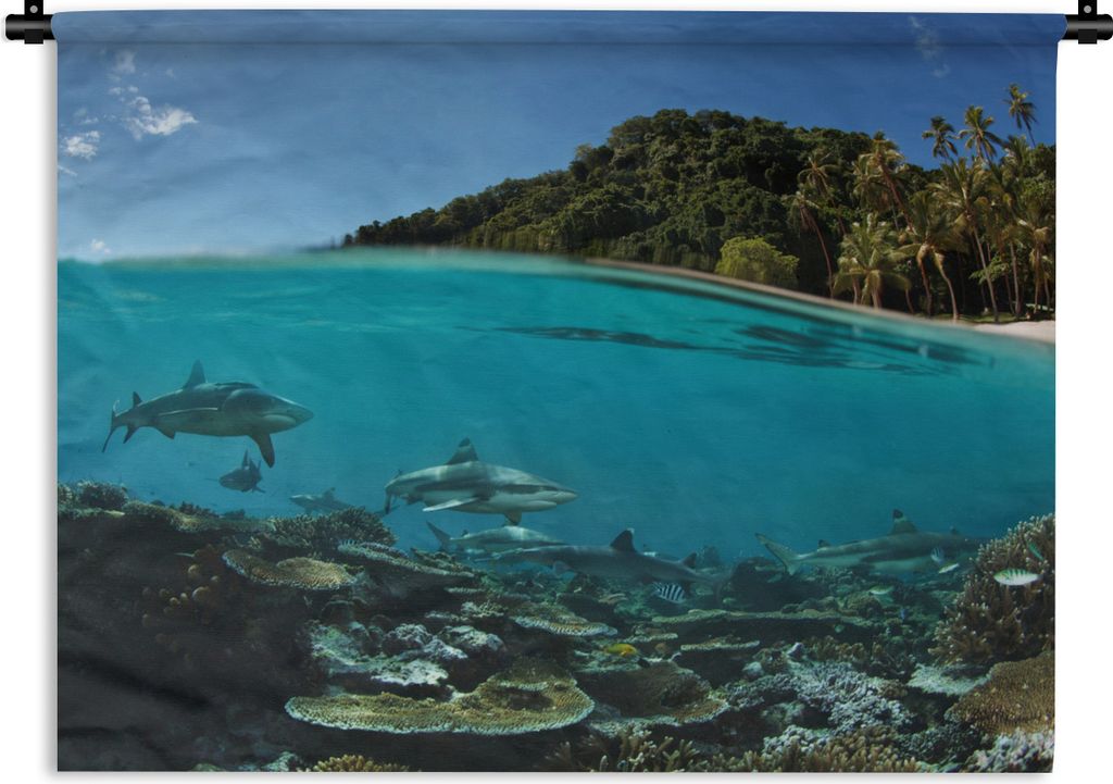 MuchoWow Wandteppich Wandbehang Korallen - Haie - Meer 150x112.50 cm Tapisserie Dekoration Wandtuch - Wanddecke - Wandteppiche