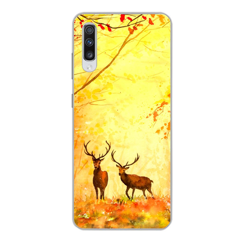 MuchoWow Handyhülle Schutzhülle Hülle für Samsung Galaxy A70 Natur - Ölfarbe - Hirsche - Tiere - Herbst - Orange Silikon Softcase Handy Hül...