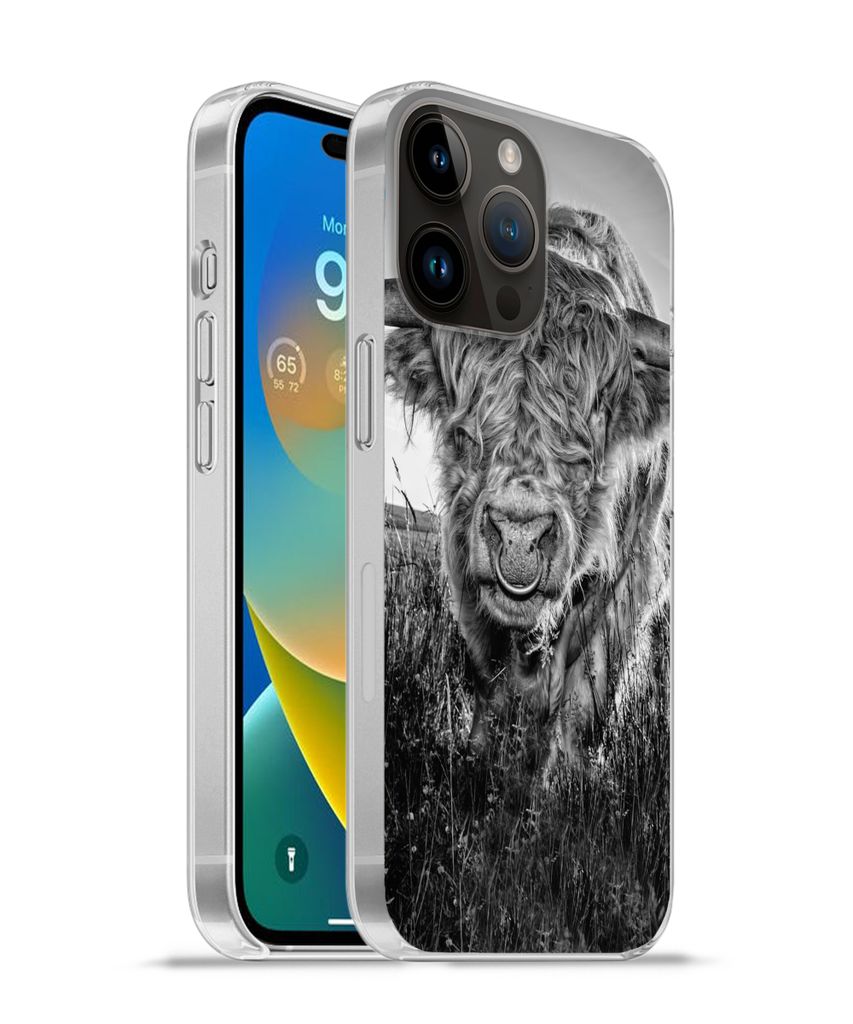 MuchoWow Handyhülle Schutzhülle Hülle für Apple iPhone 14 Pro Max Schottischer Highlander - Schwarz und Weiß Silikon Softcase Handy Hülle -...