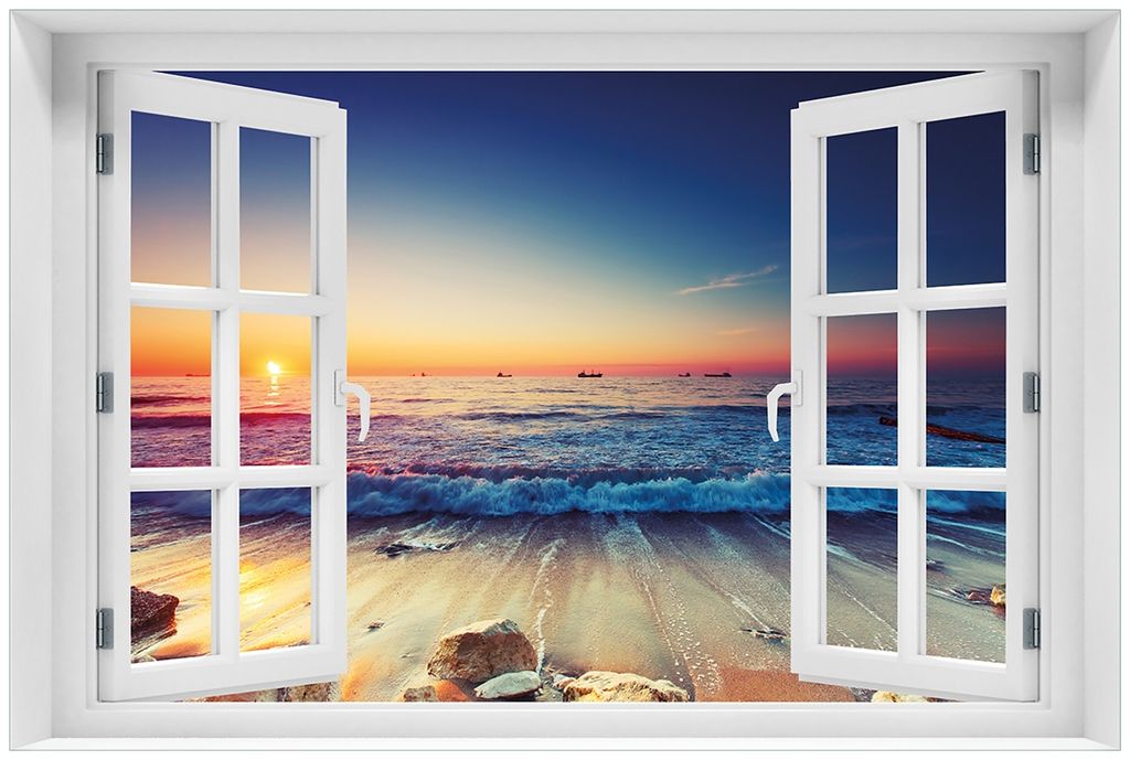 Wallario Premium Glasbild mit Fensterrahmen, freischwebende Optik, kräftige Farben, Größe 60 x 90 cm Motiv Sonnenuntergang am Meer mit Wellen am...