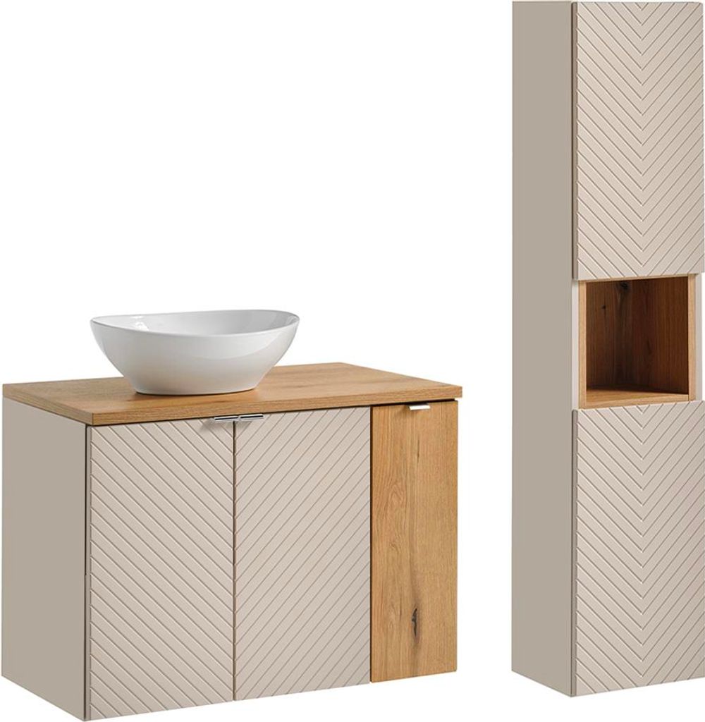 Waschtisch und Hängesäule 80cm Manoa, Kaschmir - Holzoptik
