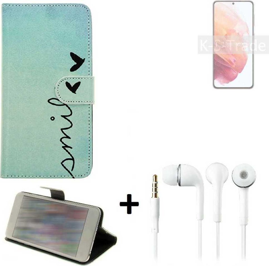 K-S-Trade Schutz Hülle Handy Hülle kompatibel mit Samsung Galaxy S21 5G SD888 360° Wallet Case Schutz Hülle ''smile'' inkl. Ohrstöpsel Smartphone