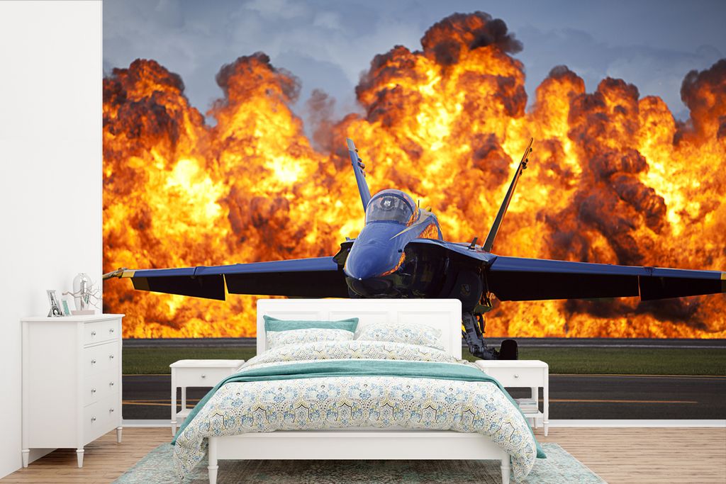 MuchoWow Fototapete für Wohnzimmer oder Schlafzimmer Wandtapete Vinyl Motivtapete Flugzeuge - Düsenjäger - Feuer - 360x240 cm - Vinyl-Tapete