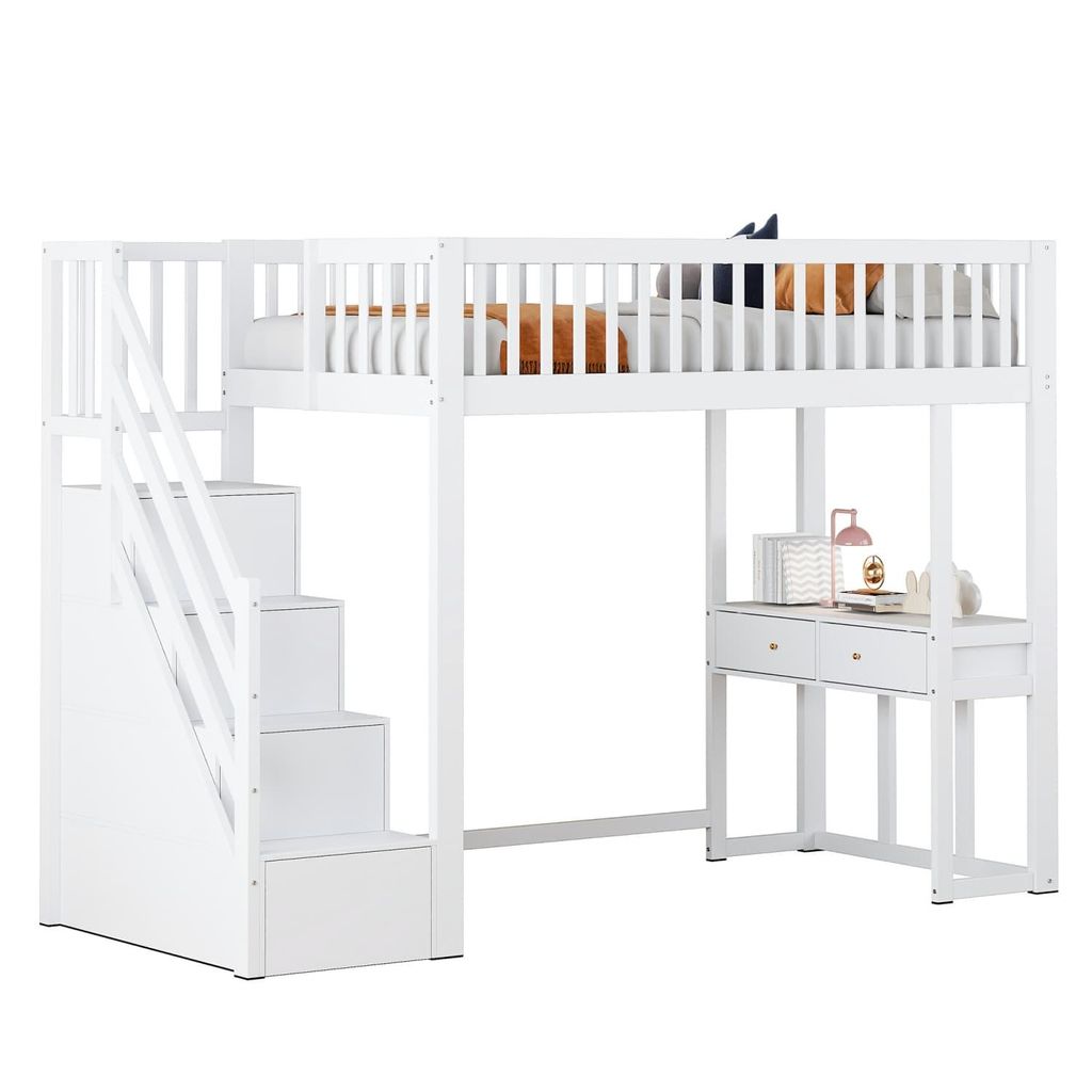 Kinderbett(Weiss)Hochbett mit Multifunktionstisch,sicherer Aufbewahrungstreppe,Bettgestell aus massivem Kiefernholz für Kinder und Jugendliche