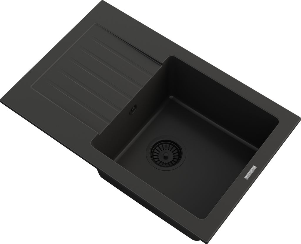 A black kitchen sink with a draining board is shown from a slightly elevated angle against a white background.