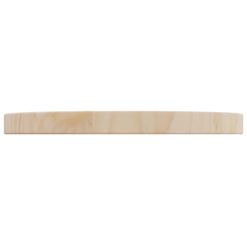 A close-up, side view of a round, wooden tabletop on a white background.