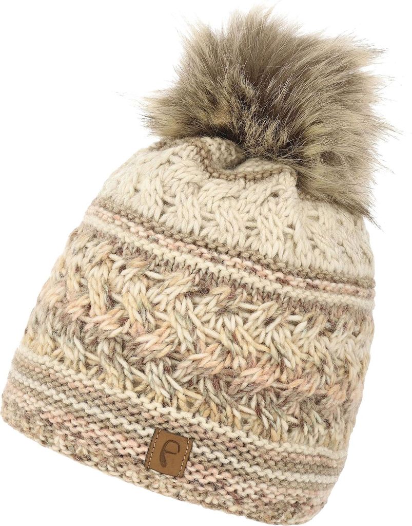 Faera Bommelmütze gestreift mit Kunstfell-Bommel und Fleece Innenfutter One Size