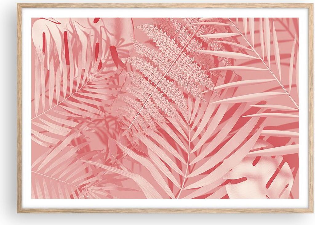 Gerahmtes Poster - Rahmen in heller Eiche - Rosa Blätter Palmen - 100x70 cm - Wand Bild - Wanddeko - Wandbilder - Kunstposter - Wandposter - Bilde...