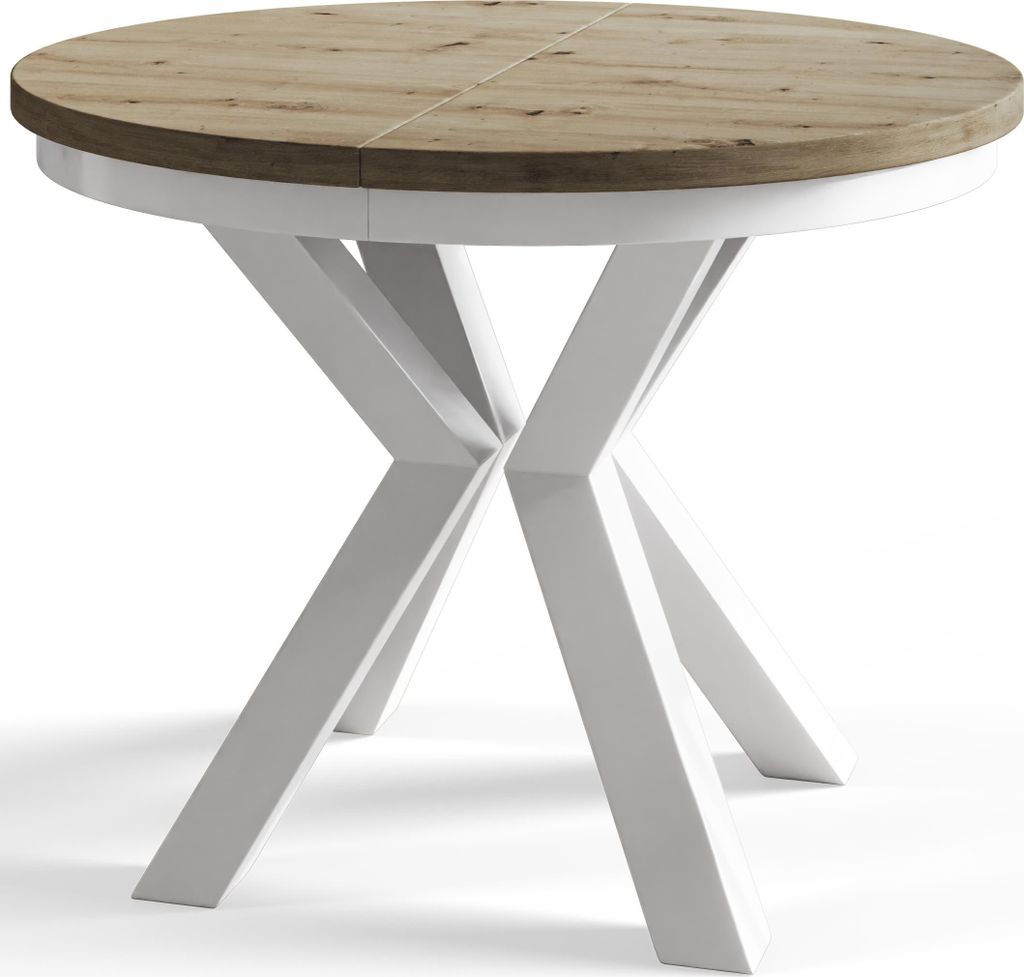 Runder Esszimmertisch LOFT, ausziehbarer Tisch Durchmesser: 120 cm/200 cm, Wohnzimmertisch Farbe: Mattbraun, mit Metallbeinen in Farbe Weiß