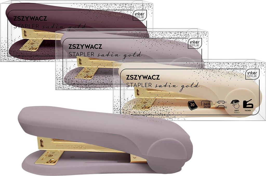 A collage of staplers in different colors, presented in their packaging.