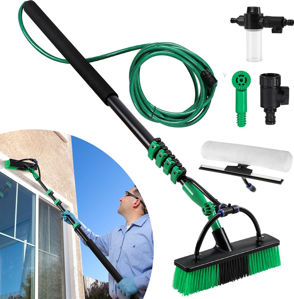 Clanmacy Waschbürste Teleskopstiel besen mit Wasseranschluss, 4.8 m lang, für Reinigung von Terrassenplatten, Fenster- und Glasflächen usw.