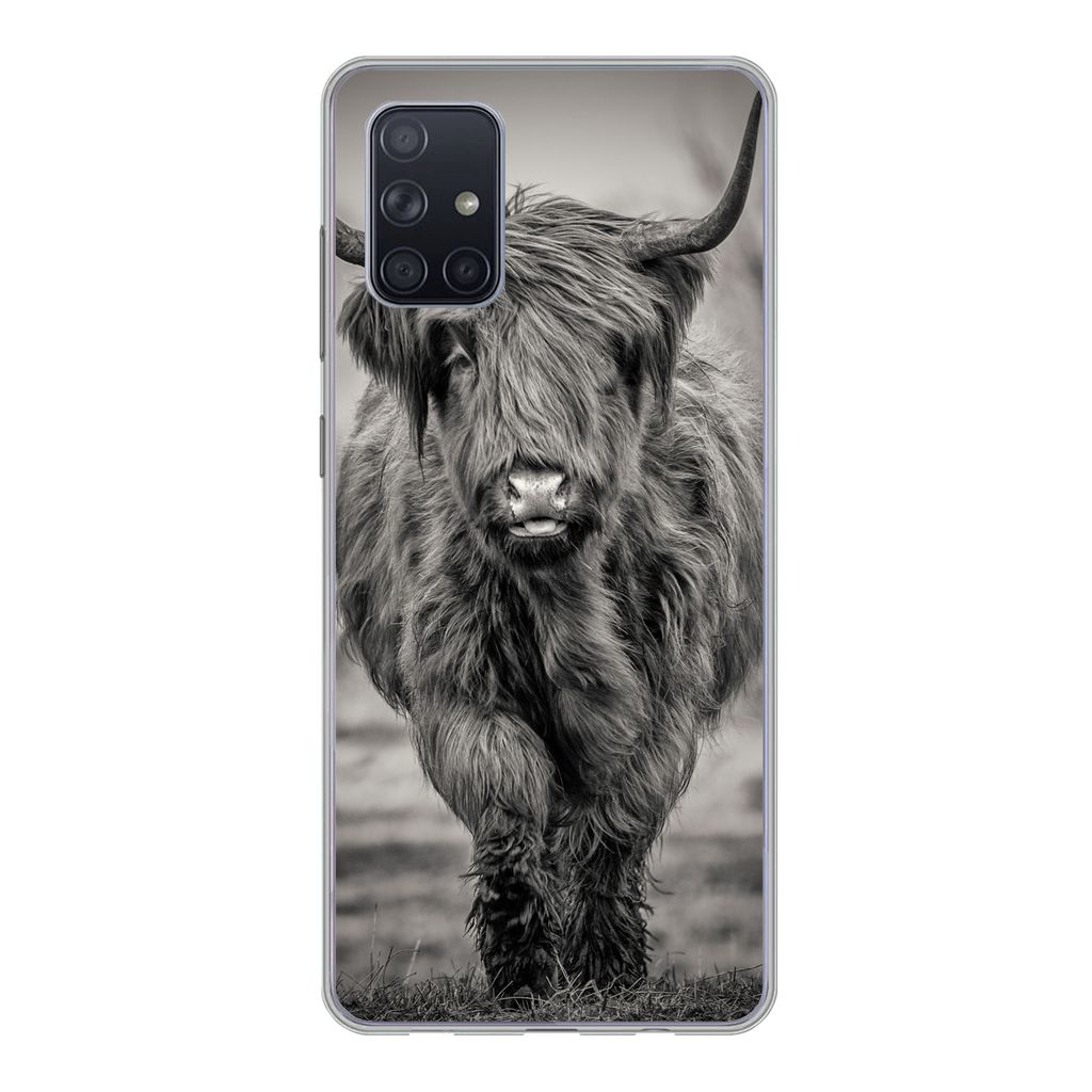 MuchoWow Handyhülle Schutzhülle Hülle für Samsung Galaxy A51 5G Schottischer Highlander - Schwarz und Weiß Silikon Softcase Handy Hülle - A...