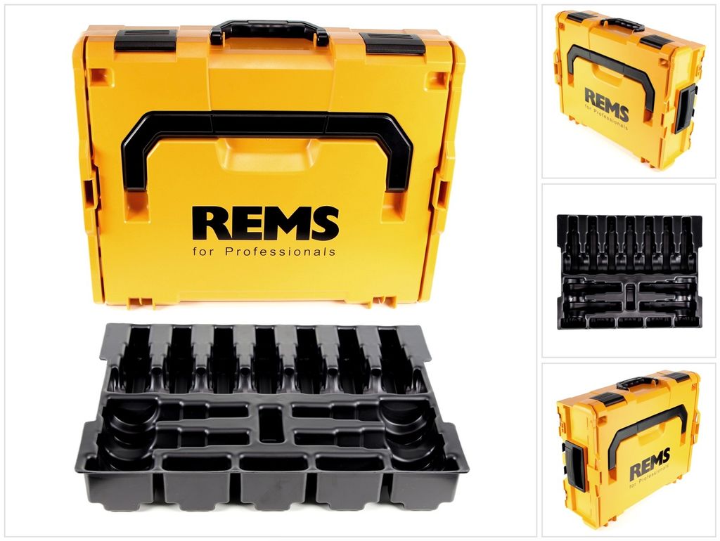 A collage of images showing a yellow REMS tool case and its internal tray.