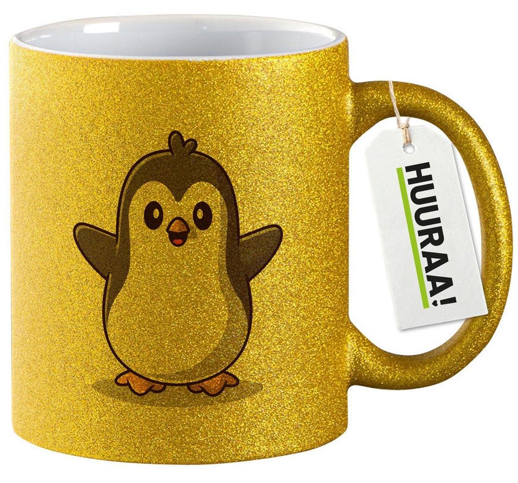 Huuraa Glitzertasse Pinguin Comic 330ml Gold Keramik Kaffeebecher Geschenkidee