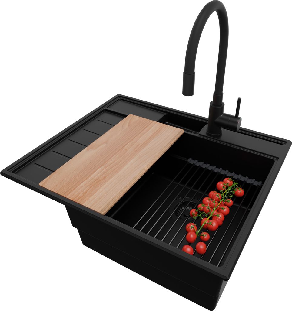 PRIMAGRAN Granitspüle Alles Schwarz 62x53cm, Spülbecken 1 Becken + Ablauf-Set + Küchenzubehörset, Küchenspüle ab 45er Unterschrank - Sydney P...