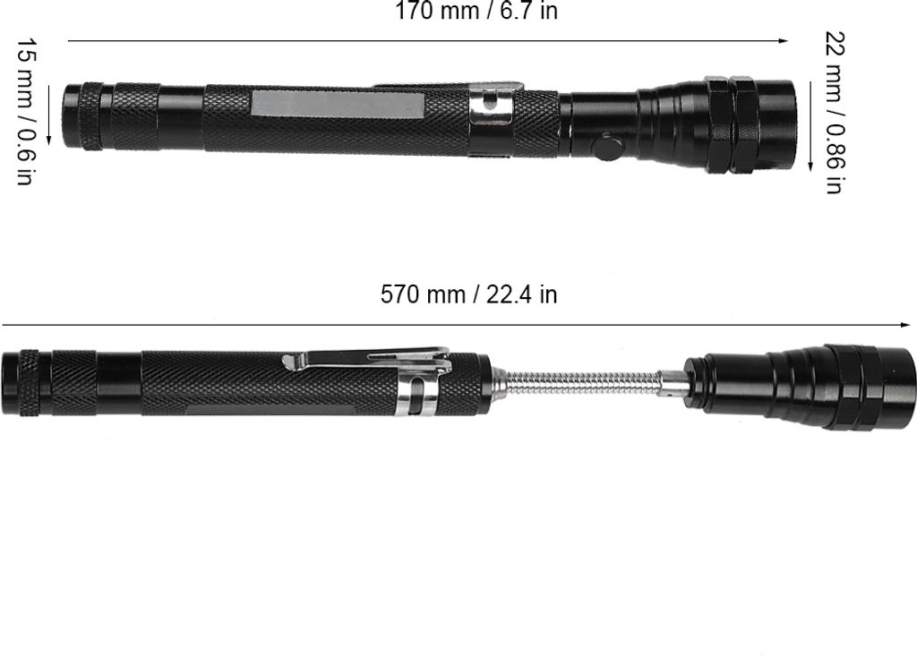 Multifunktionale Mini-LED-Taschenlampe, flexibel, teleskopisch, drehbar, mit magnetischem Ende (Schwarz)