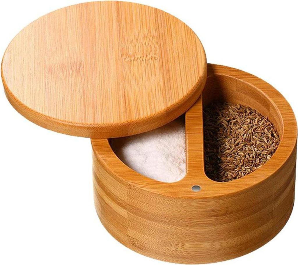 Premium Bambus Salzbehälter, Salzstreuer mit magnetischem Schwenkdeckel - Salzbox mit Löffel