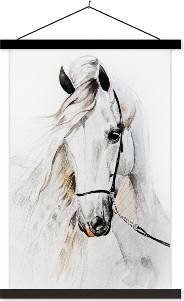 MuchoWow Textilposter Pferd - Aquarell - Tiere - Weiß 120x180 cm mit schwarzem Rahmen - Fotos