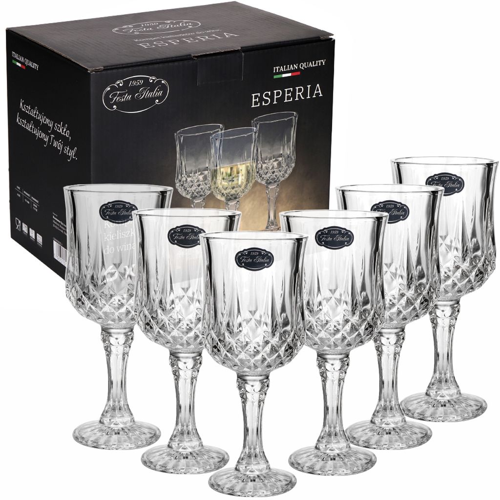 A set of six clear wine glasses with intricate diamond-cut patterns on a white background, next to their packaging box.
