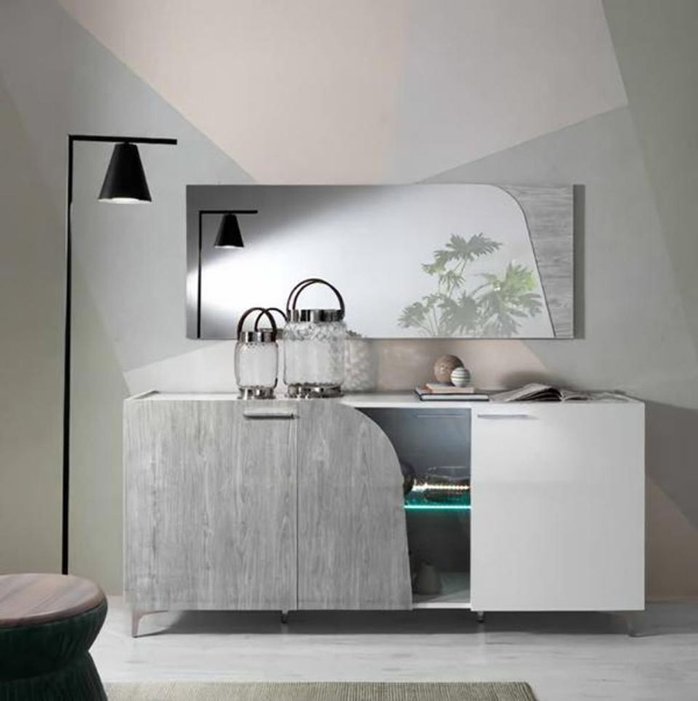 Sideboard Mit LED Beleuchtung Glasböden Spiegel Grau Weiß Holz Kommode