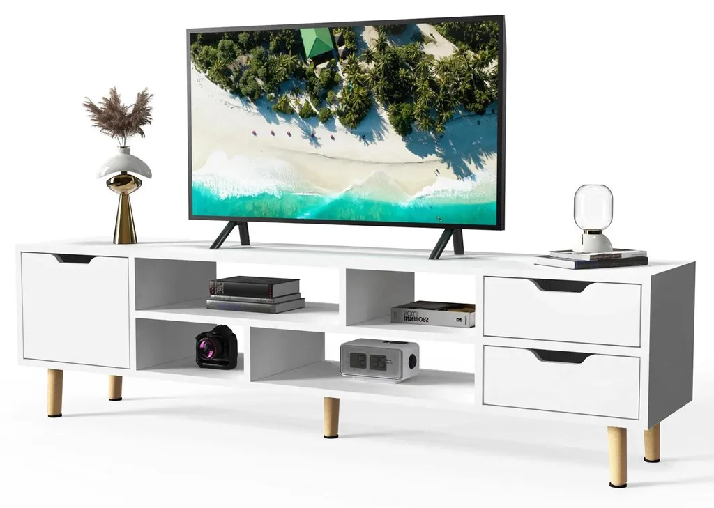 Banc TV blanc contemporain de 140 cm pour salon avec rangements fermés