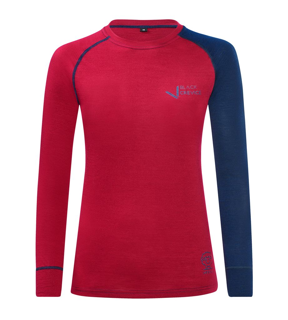 BLACK CREVICE - Damen Langarmshirt aus Merino Wolle | Funktionsunterwäsche | Base Layer | Farbe: Rot/Blau | Gr: 36