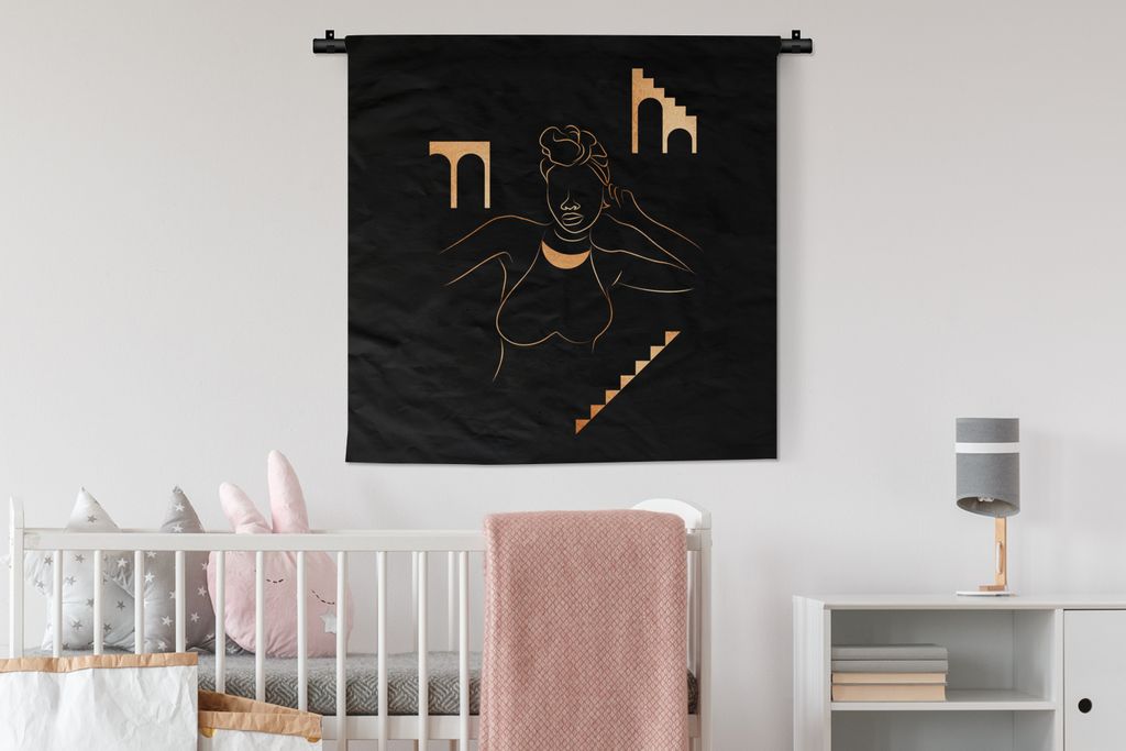MuchoWow Wandteppich Wandbehang Frau - Gold - Schwarz - Strichzeichnung 90x90 cm Tapisserie Dekoration Wandtuch - Wandaufhänger