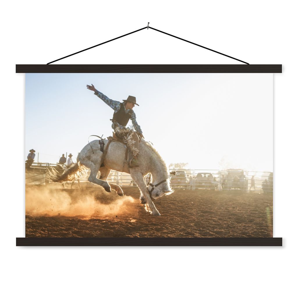 MuchoWow Textilposter Pferd - Cowboy - Stoff 90x60 cm mit schwarzem Rahmen - Aufhängungssatz