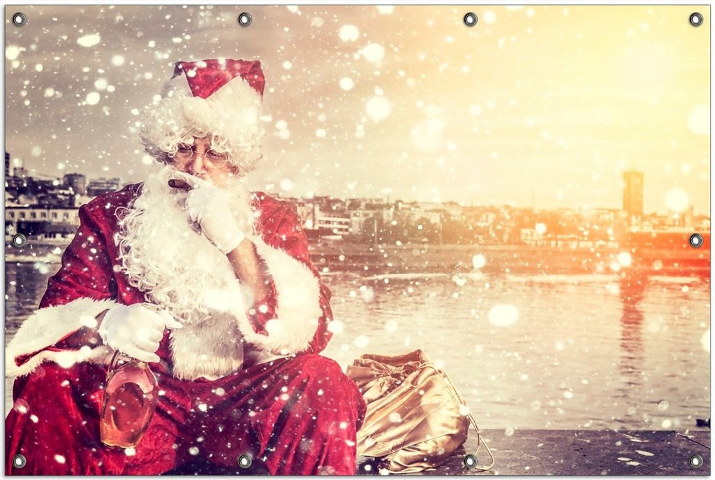 Wallario Outdoor-Poster für Garten oder Balkon, Motiv Christmas-Party - Weihnachtsmann mit Schnaps und Zigarre, in ca. 100 x 150 cm