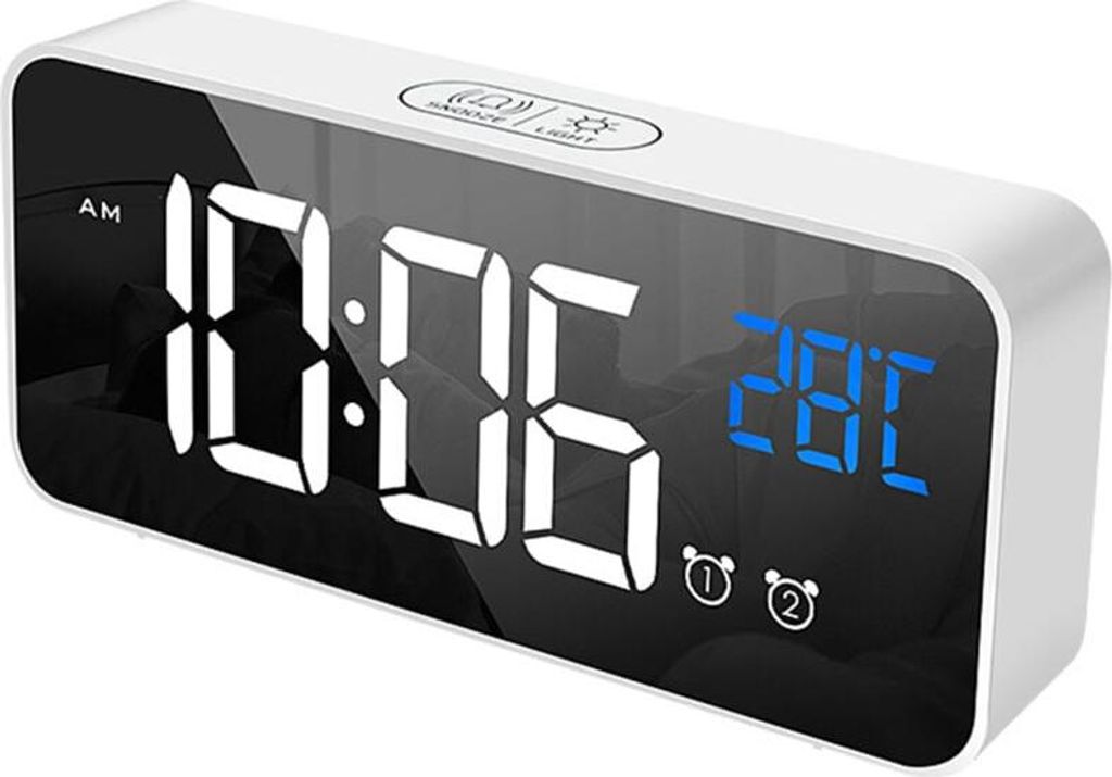 LED-Digitalwecker fürs Schlafzimmer, elektronische Uhr mit Thermometer, 2 Weckzeiten, Schlummerfunktion, 4 Helligkeitsstufen, Spiegelwecker, USB-L...