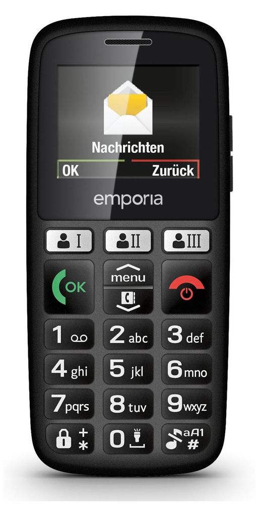 A close-up studio shot of a black Emporia senior-friendly mobile phone.