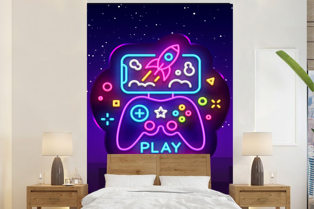 MuchoWow Fototapete für Wohnzimmer oder Schlafzimmer Wandtapete Vinyl Motivtapete Gaming - Neon - Spielen - Blau - Nacht - Controller - 195x300 ...