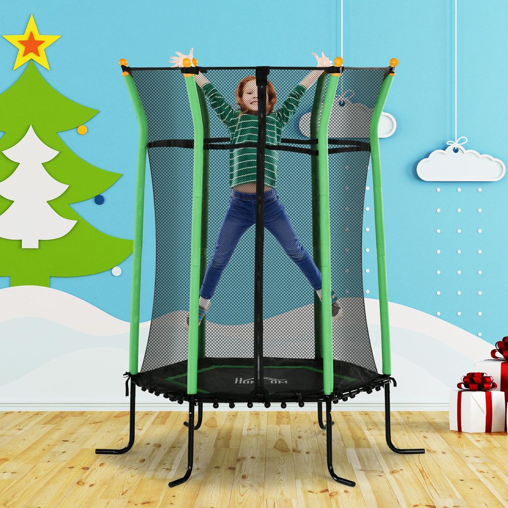Trampolin für Kinder, Ø163,5 cm, mit Sicherheitsnetz, gepolstert, Stahl, belastbar bis 50 kg, 164x164x190 cm, Grün, Kunststoff