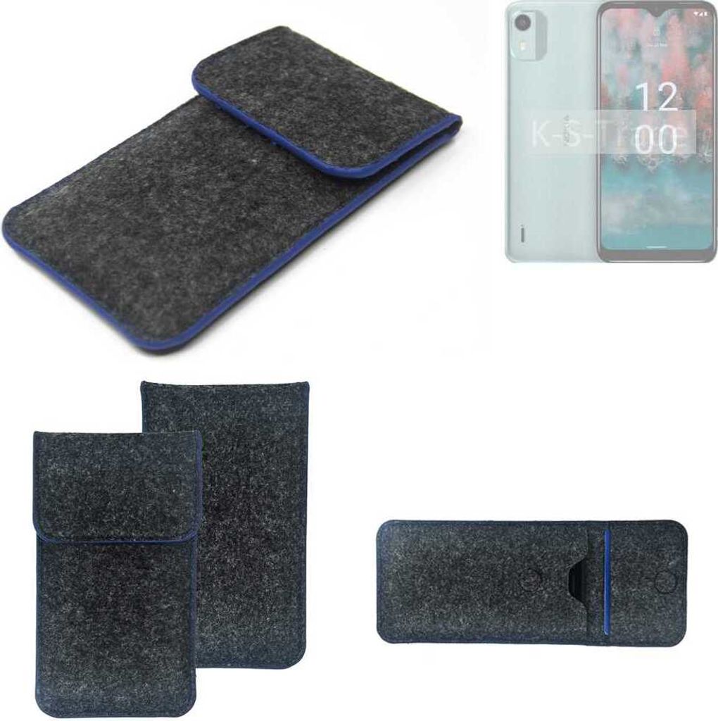 K-S-Trade Handy-Hülle Schutz-Hülle kompatibel mit Nokia C12 Plus Filztasche Pouch Tasche Case Sleeve Filzhülle dunkelgrau, blauer Rand