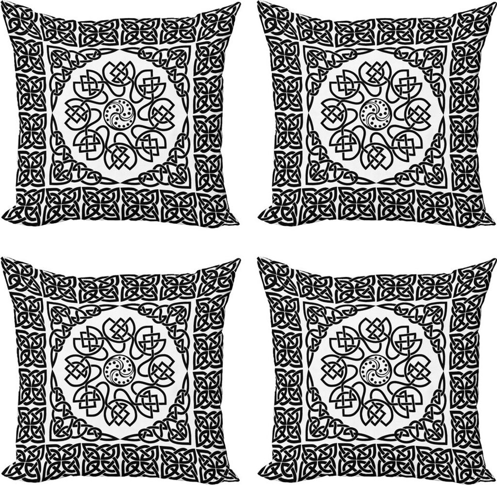 ABAKUHAUS keltisch Kissenbezug Set (4 Stück), Filigree Abstrakt Knot, Moderner Doppelseitiger Digitaldruck, 50 cm x 50 cm, Schwarz und weiß