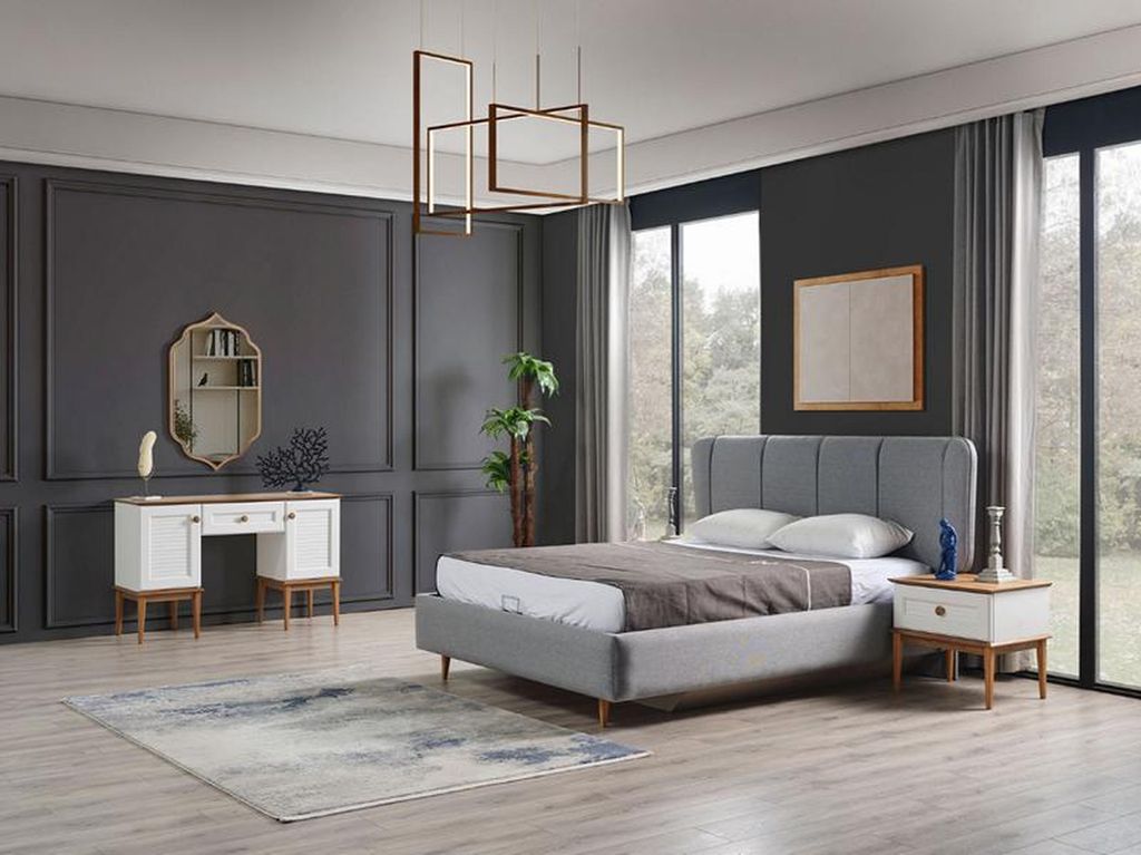 Schlafzimmer Set 5 tlg Komplettes Bett 2x Nachttische Schminktisch mit Spiegel