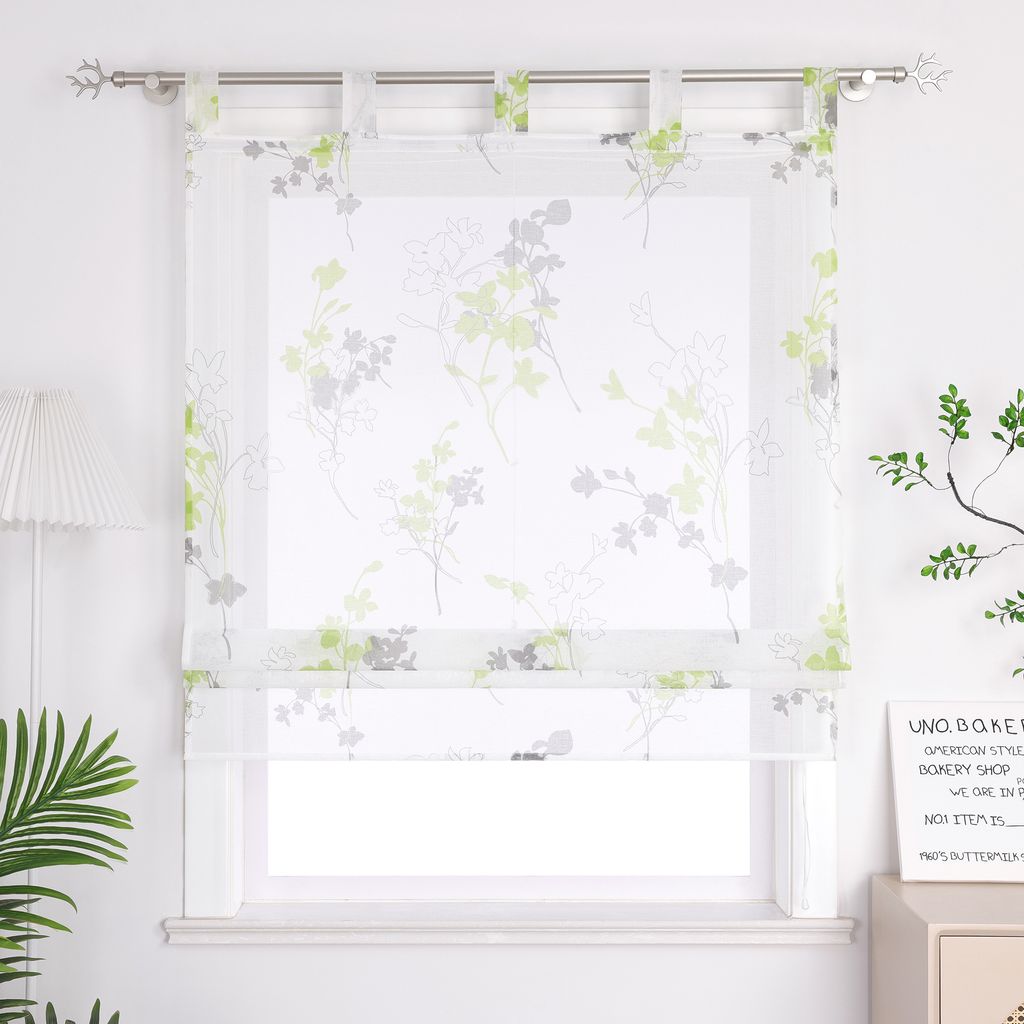 Joyswahl Raffrollo mit Schlaufen Küche Gardinen Raffgardine mit zweifarbigen Blumenmustern Landhausstil Transparent Grün-Weiß BxH: 140x140 cm