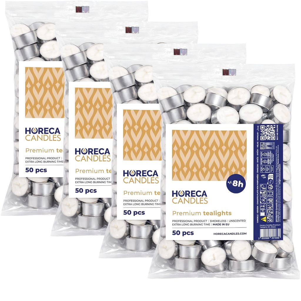 Horeca Candles Teelichter 200 Stück, Weiß – 8h Brenndauer, Ohne Duft – Paraffinwachs für Hochzeit, Deko, Feiern, Entspannen