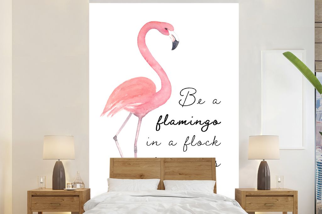 MuchoWow Fototapete für Wohnzimmer oder Schlafzimmer Wandtapete Vinyl Motivtapete Rosa - Flamingo - Zeichnung - 155x240 cm - Tapete