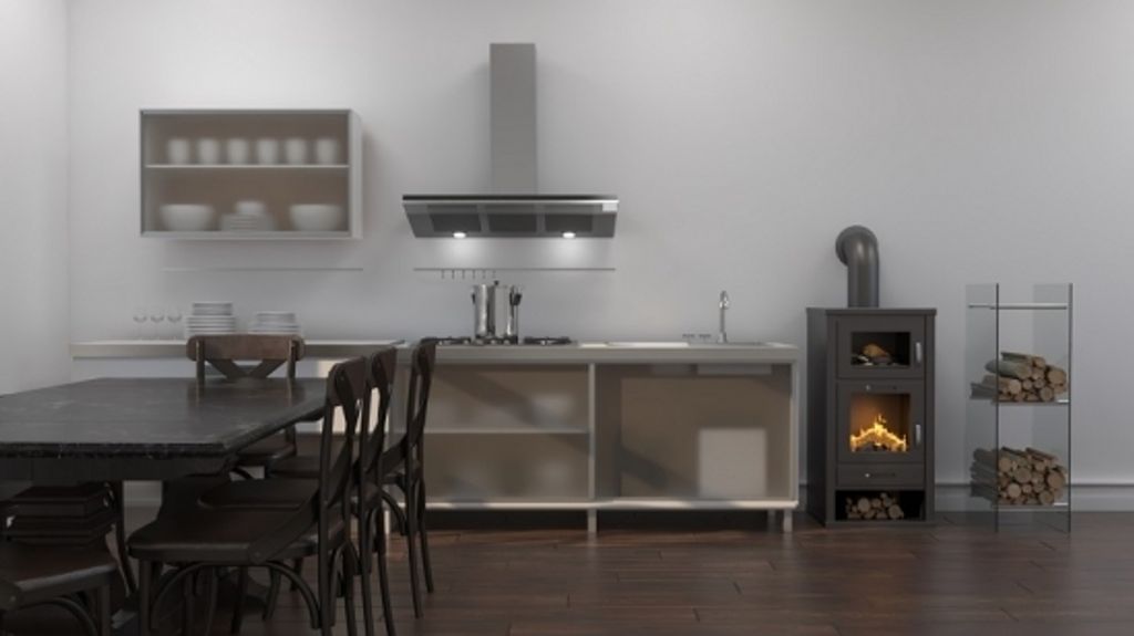 A modern kitchen with a dining table and chairs, a stove, and a wood-burning stove.