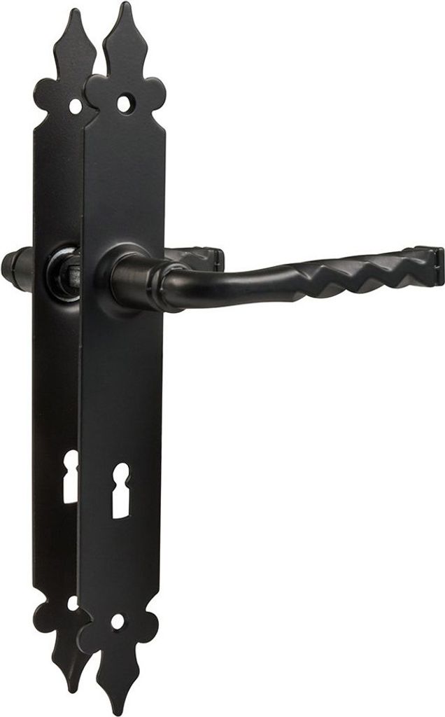 A black metal door handle set with a decorative plate and keyhole.