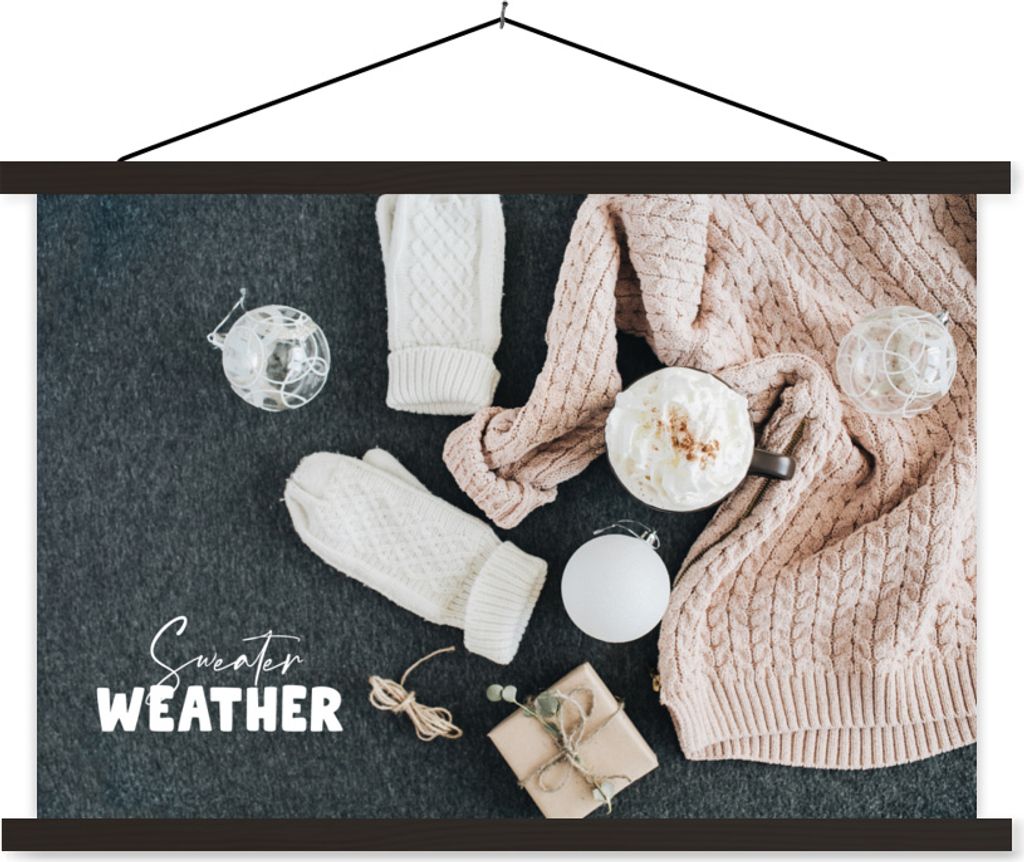 MuchoWow Textilposter Winter - Christbaumkugeln - Zitat 150x100 cm mit schwarzem Rahmen - Schlafzimmer