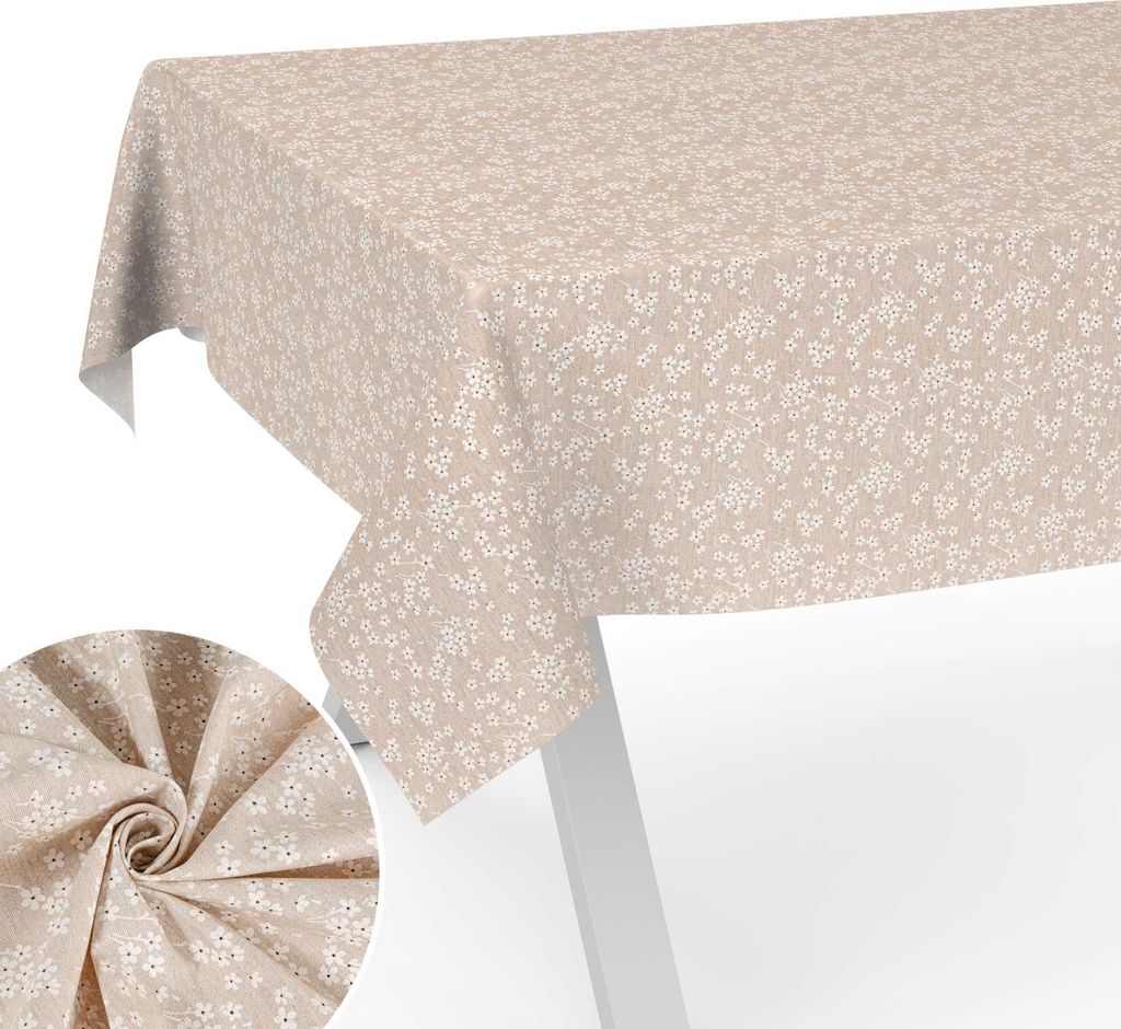 Tischdecke Schneeflockenblume aus Textil mit Blumen Pflanzen wasserabweisend Tischtuch Tischwäsche Aquarell Beige Breite 100cm Länge 160cm mit Sc...