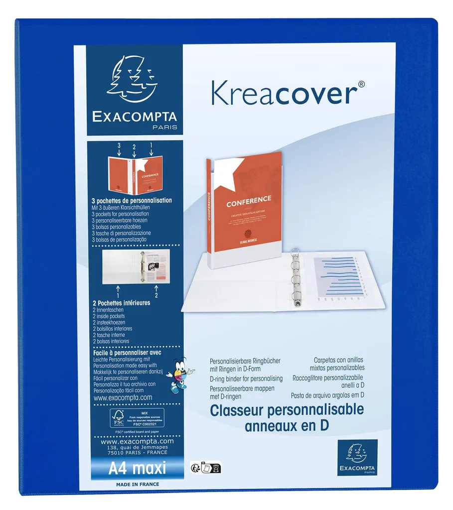 Classeur à anneaux Exacompta Kreacover A4 2D 40mm bleu polypropylène