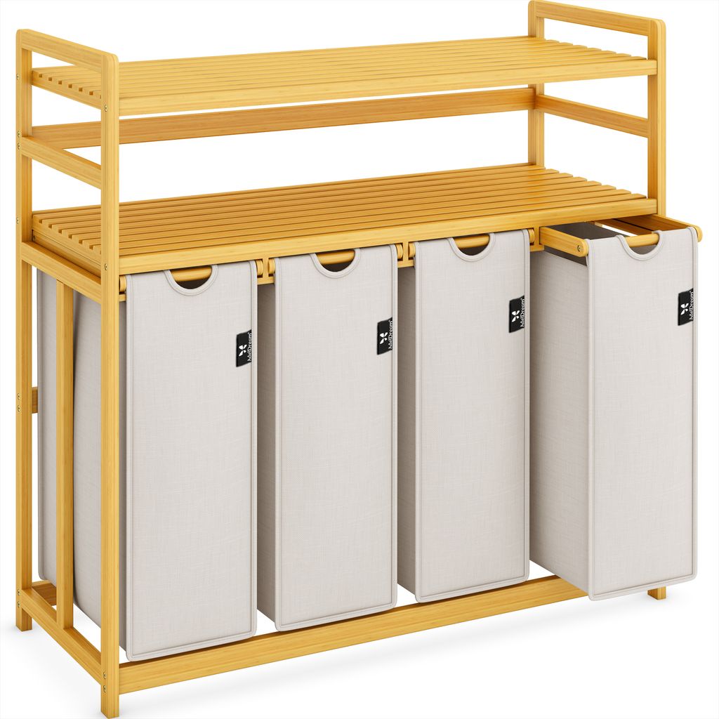 AdelDream Wäschekorb Wäschesortierer mit Regalen 4 Fächer 2 Ablagen Wäschebox Bambus Wäschesack ausziehbar und abnehmbar Laundry Basket 200L H...