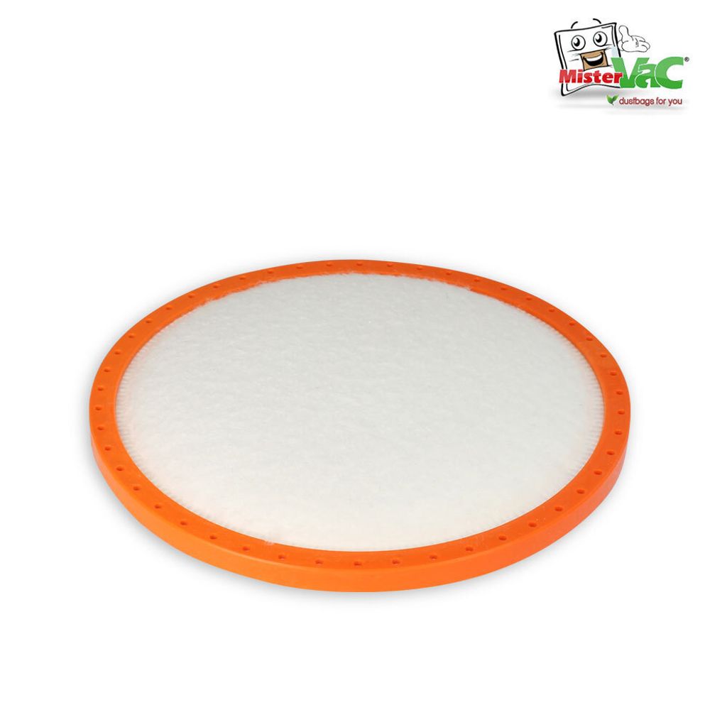 A round, white filter with an orange rim, isolated on a white background.