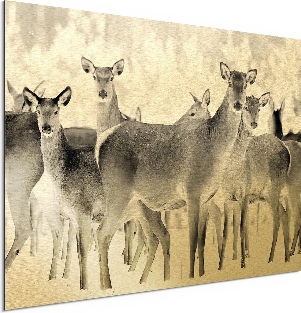DEQORI Alu-Dibond Bild Gold 60x40 cm 'Rehe im Winterwald' Wandbild Metall dünn Design