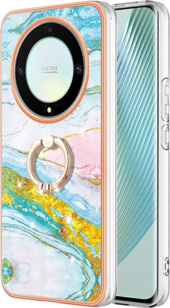 Custodia Marble per Honor X9a/Magic5 Lite, custodia protettiva in silicone TPU con supporto ad anello blu - 1