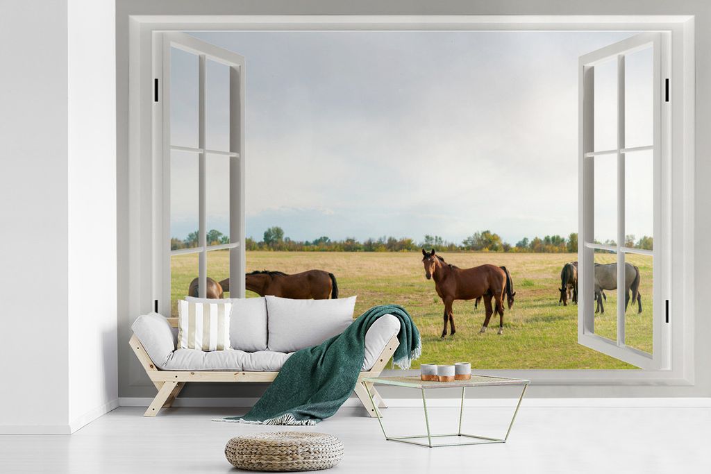 MuchoWow Fototapete für Wohnzimmer oder Schlafzimmer Wandtapete Vinyl Motivtapete Aussicht - Pferde - Gras - 450x300 cm - Gemusterte